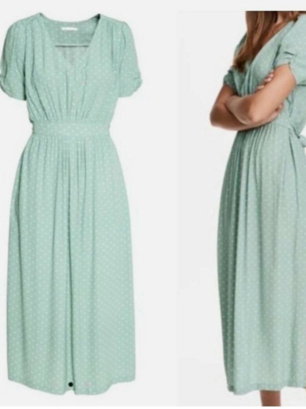 H&M Vintage Style Midi Dress Polka Dot Mint Green Sz 6 Cottagecore Paris Chic